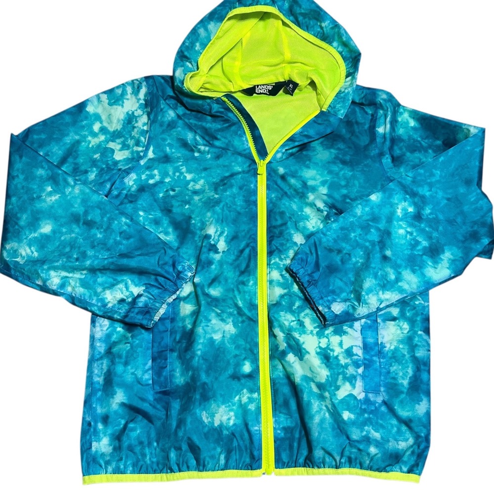 Lands End Windbreaker Kids XL 14/16 Blue Green Excellent Tie Dye Hooded Jacket - Picture 2 of 8